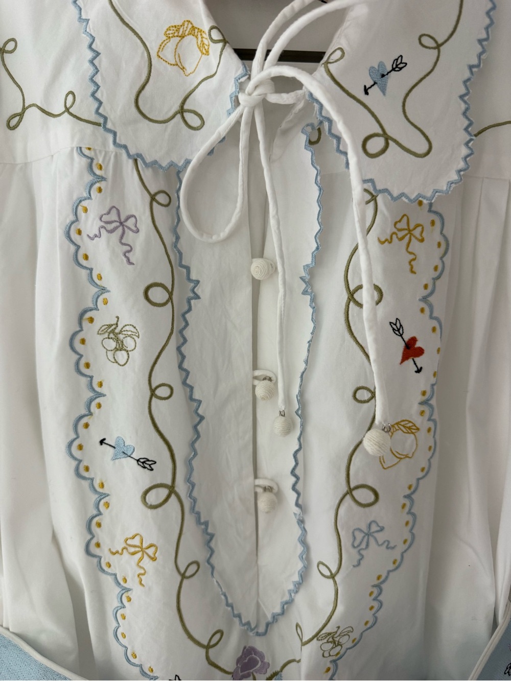 Alemais Giulia Embroidered White Cotton Mini Dress with Blue Sash - Picture 6 of 7